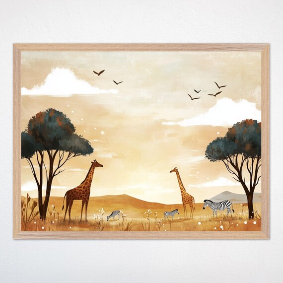 Two Giraffes and Zebra Herd Watercolor African Savanna Nursery Poster
