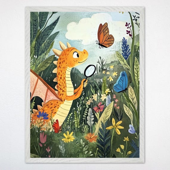Whimsical Dragon Butterfly Framed Poster Fantasy Dragon Nursery Wall Art Playful Dragon Decor For Kids Room Magical Nature Scene