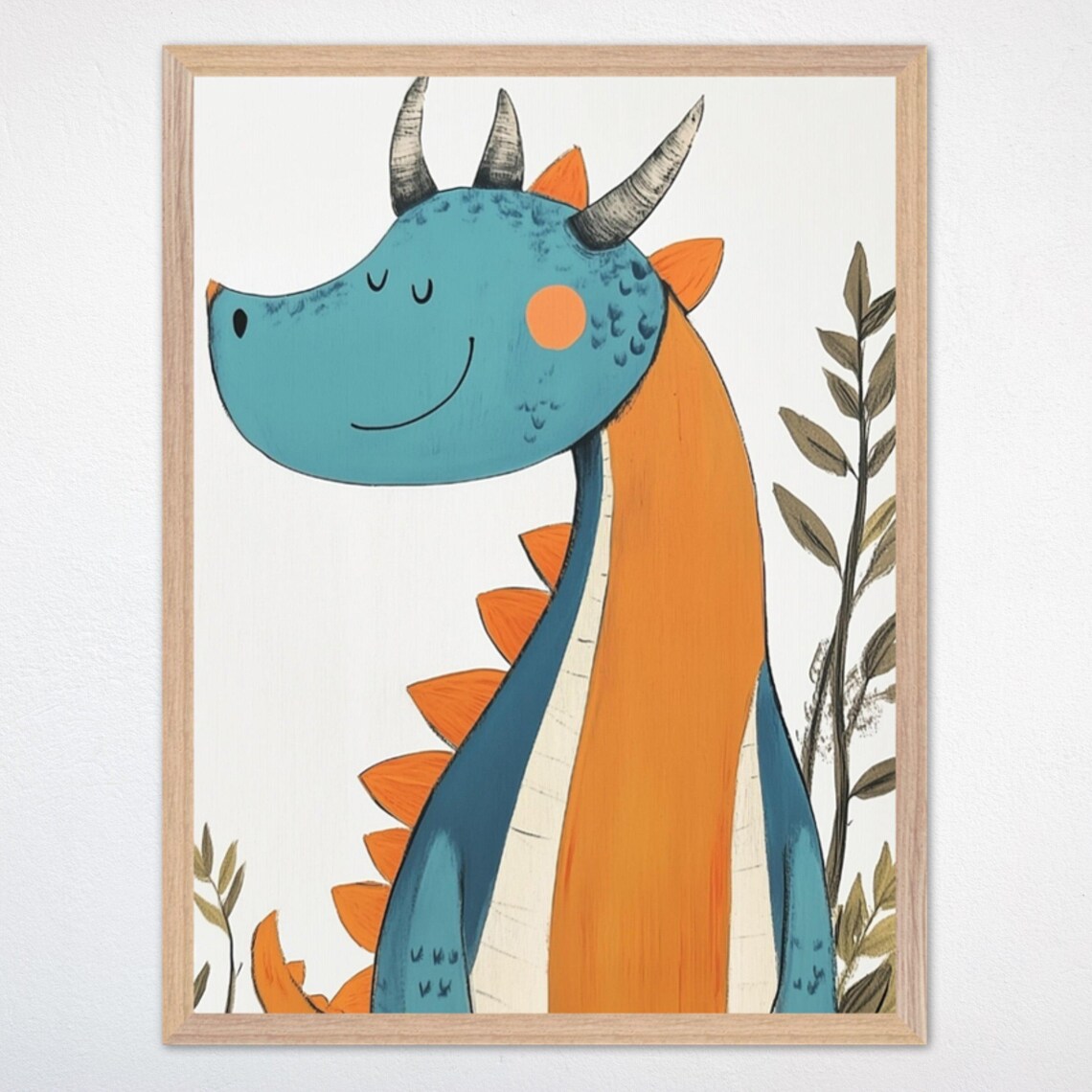 Cheerful Blue And Orange Dragon Smiling Beside Garden Leaves Poster
