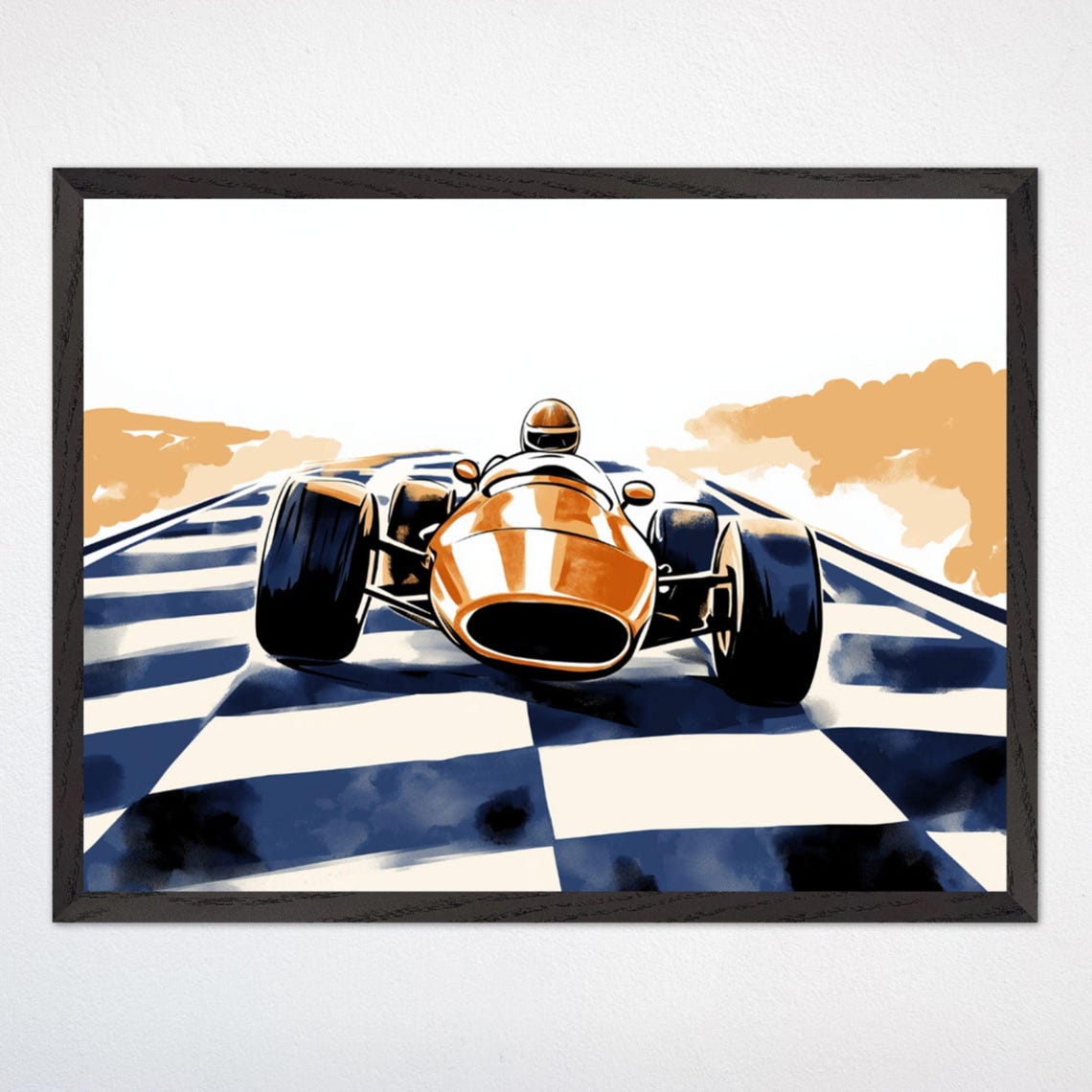 Vintage Orange Formula Race Car Speeding Down Checkered Track Poster