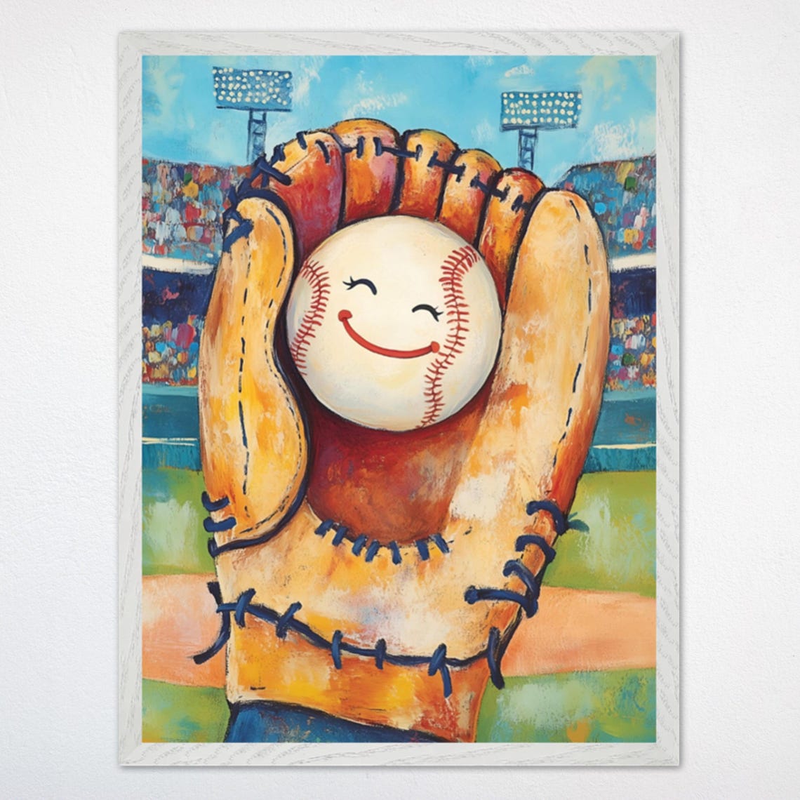 Smiling Baseball in a Baseball Glove Stadium Kids Painting Poster