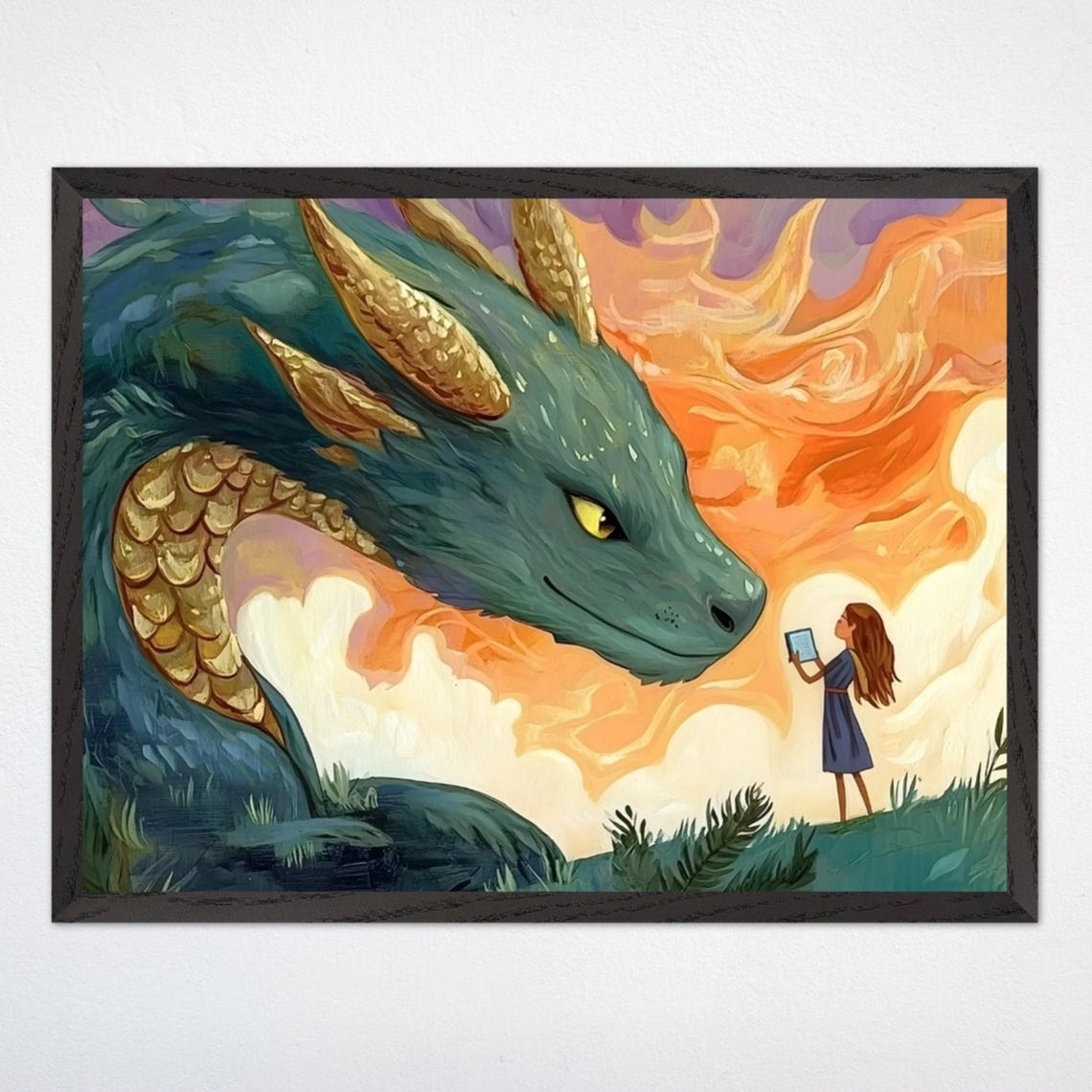 Little Girl Reading A Book To A Gentle Giant Sunset Dragon Poster