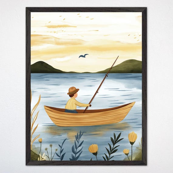 Mountain Fishing Nursery Wall Art Serene Lake Art Rustic Nature Poster Gender Neutral Kids Room Decor