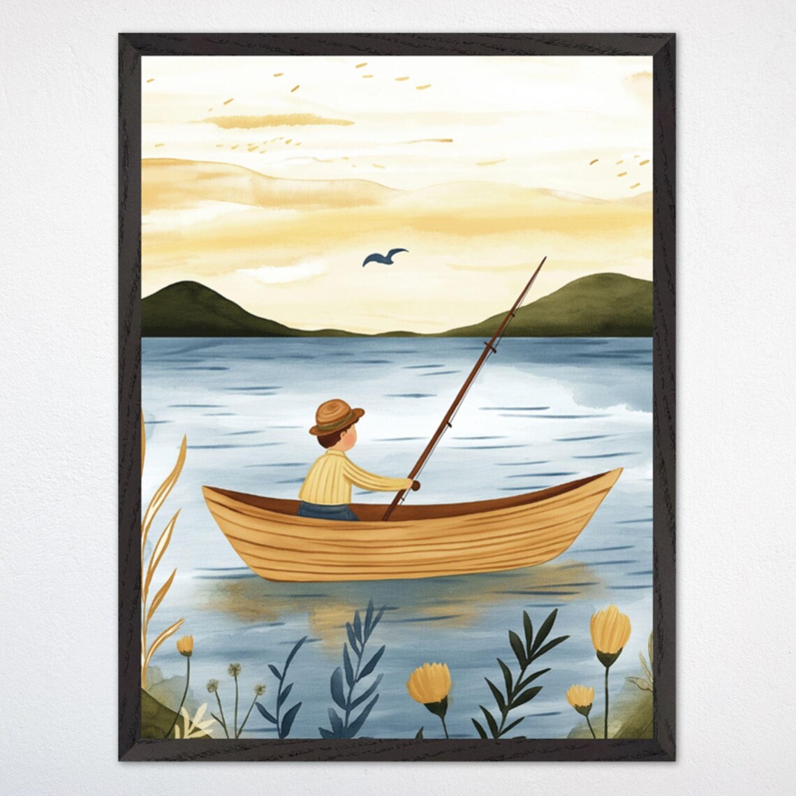 Boy Fishing from Wooden Boat at Sunset Over Calm Lake Poster