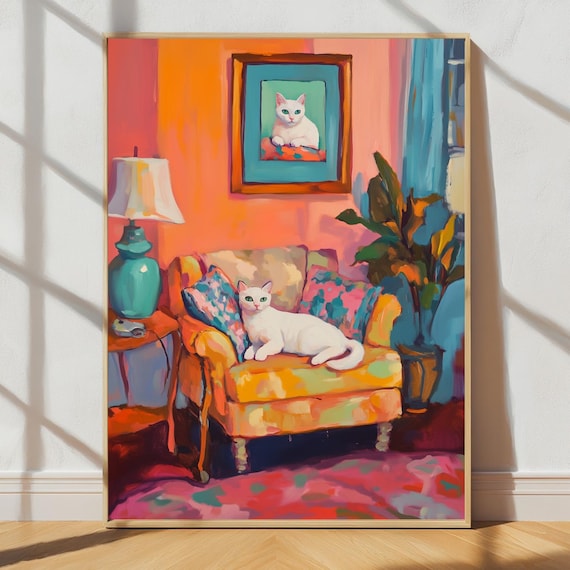 White Cat Cozy Living Room Colorful Dopamine Decor Maximalist Poster