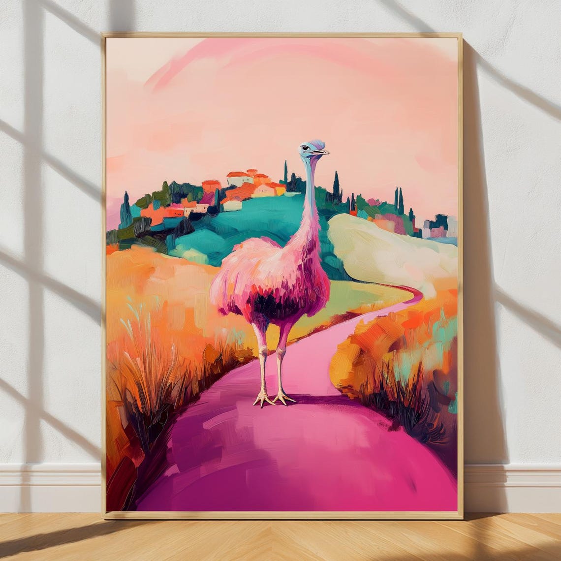 Pastel Ostrich Colorful Countryside Road Village Whimsical Art Poster