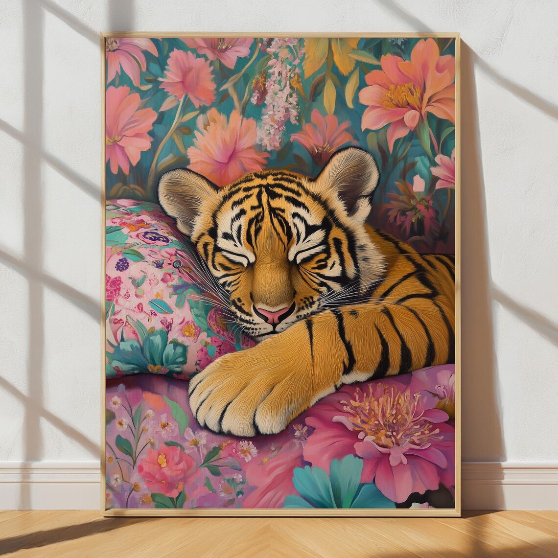 Sleeping Tiger Maximalist Animal Print, Wild Floral