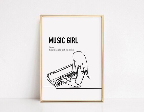 Music Girl Piano Line Drawing Funny Dictionary Style Art Poster