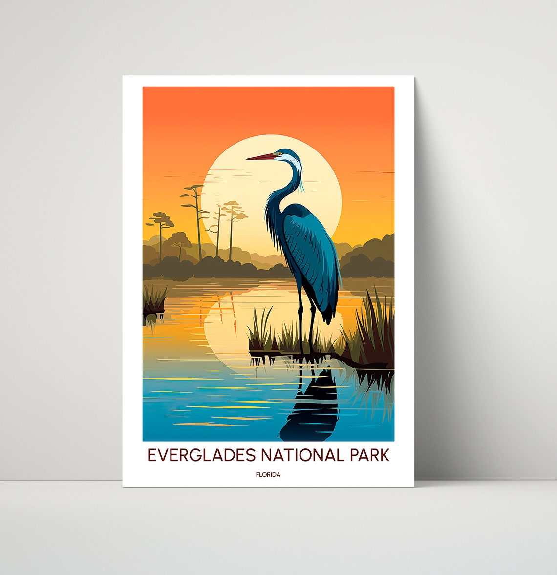 Everglades National Park Florida Blue Heron Sunset Illustration Poster