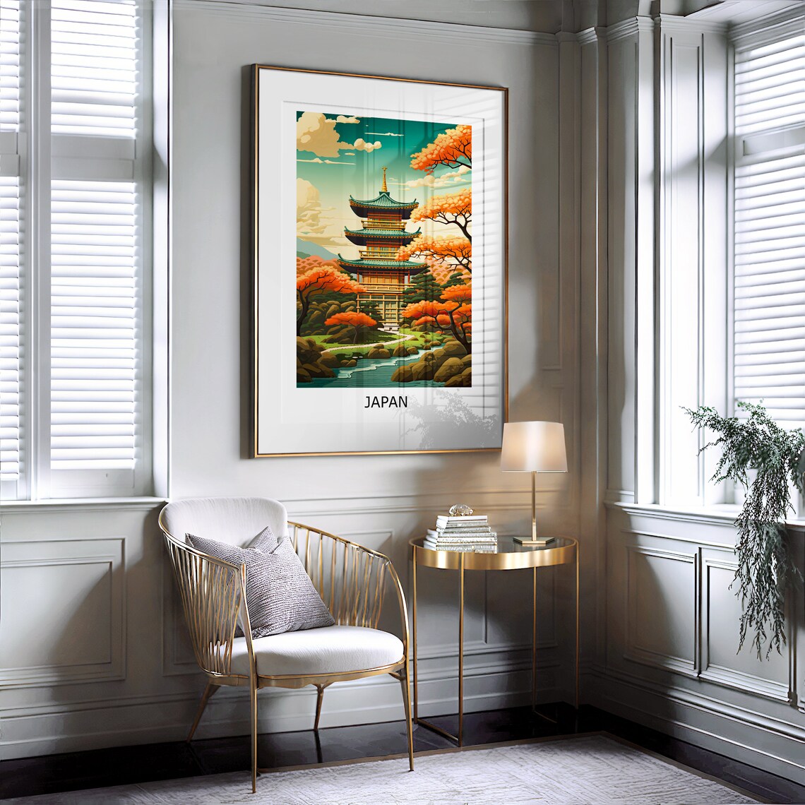 Japan Pagoda Autumn Maple Garden Pond Illustration Art Poster - Image 2