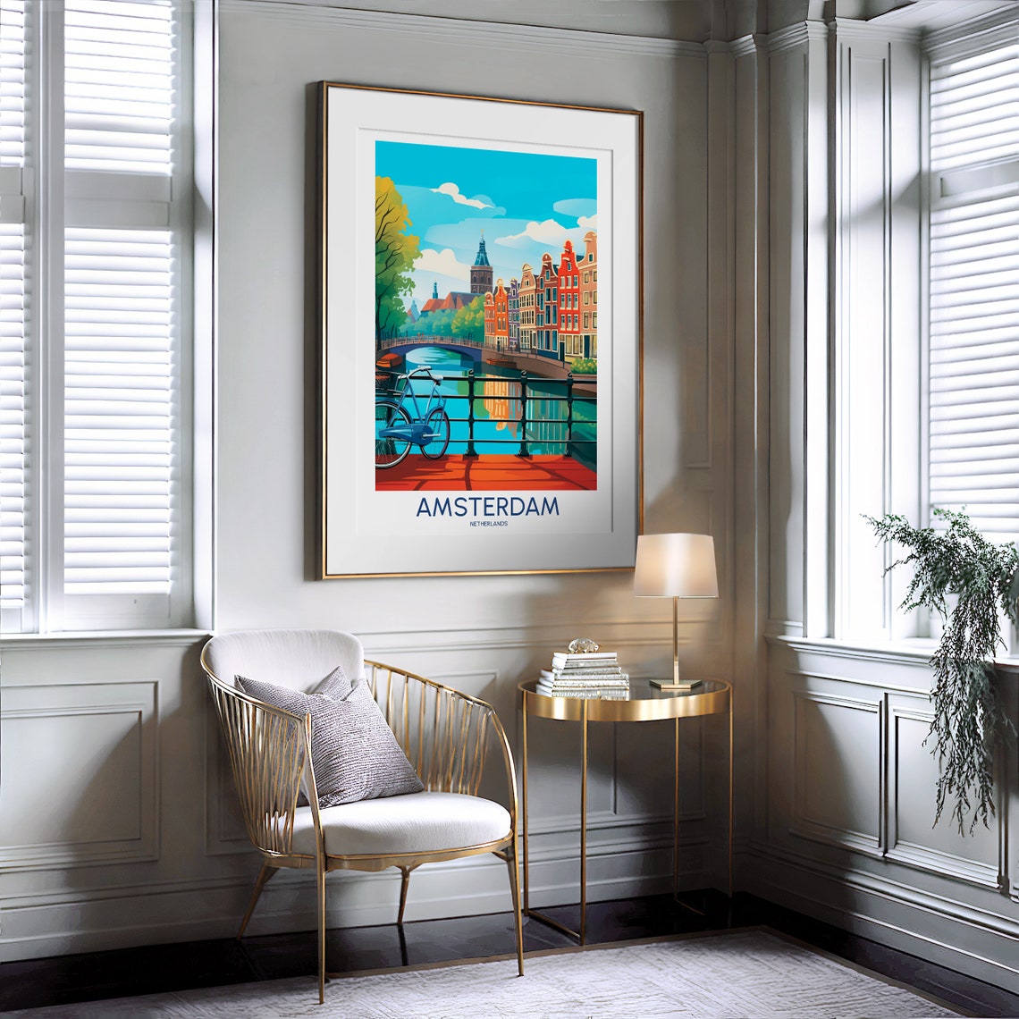 Amsterdam Netherlands Canal Bicycle Bridge Travel Illustration Poster - Image 2