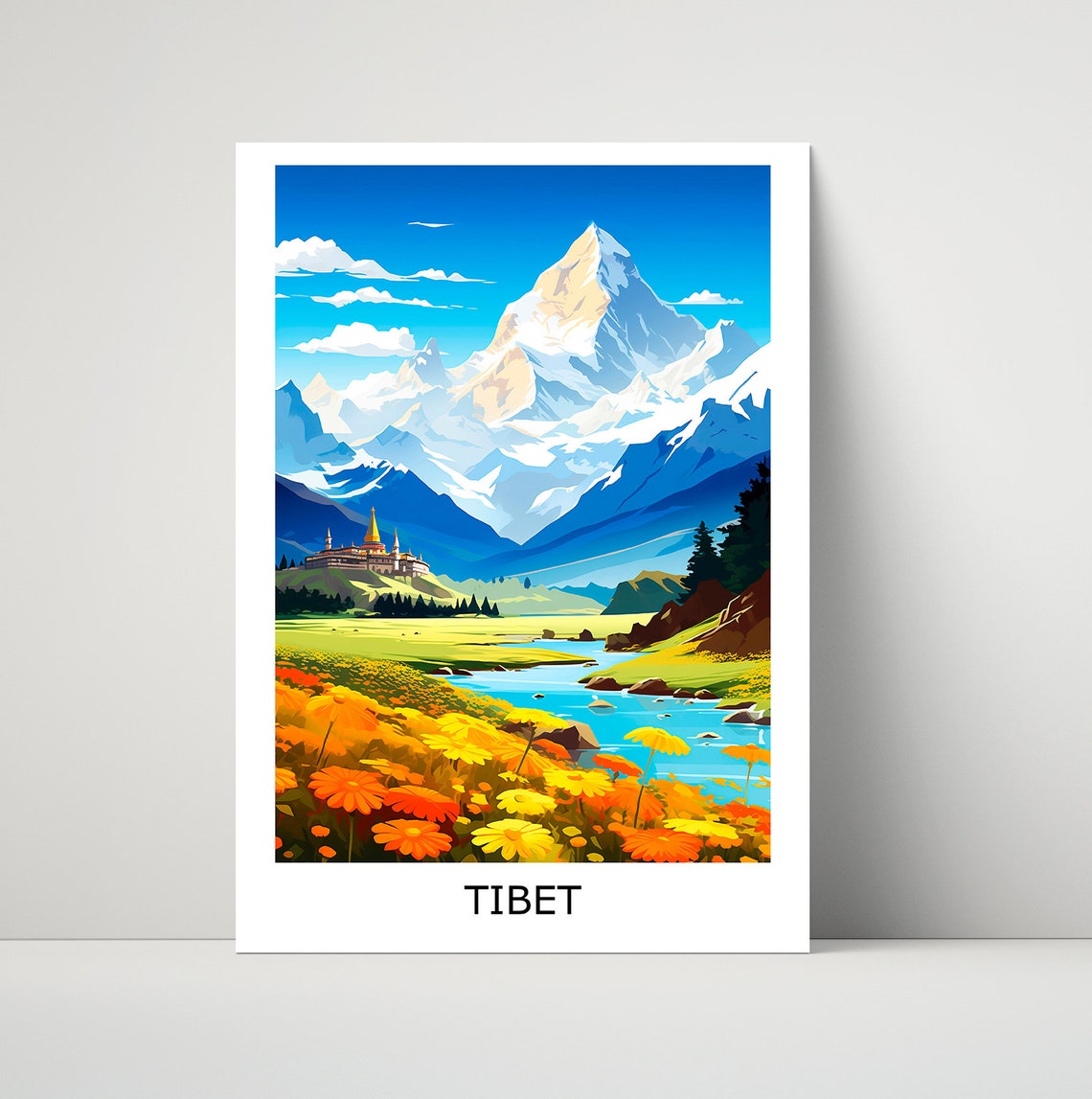 Tibet Himalayan Valley Temple River Flower Fields Art Poster