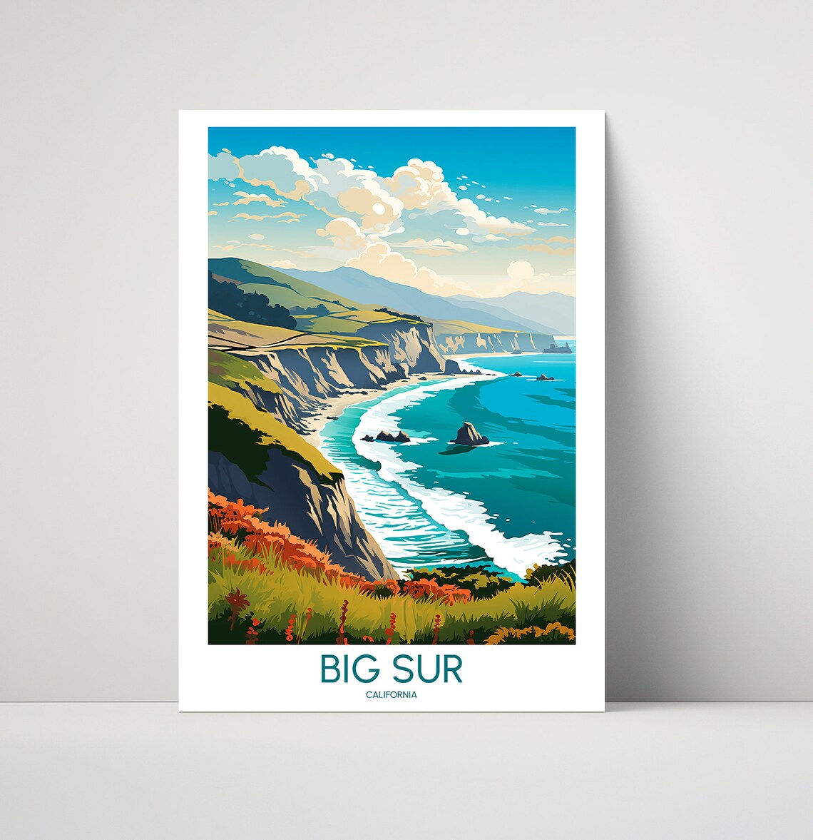 Big Sur California Sea Stacks Wildflowers Travel Illustration Poster
