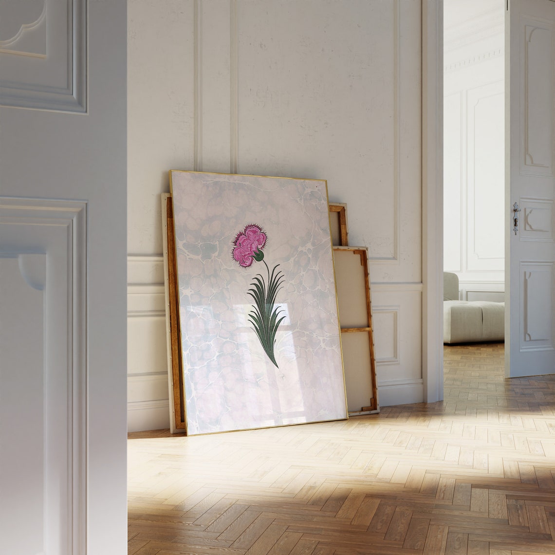 Pink Carnation Single Bloom Marbled Paper Botanical Art Wall Print - Image 2