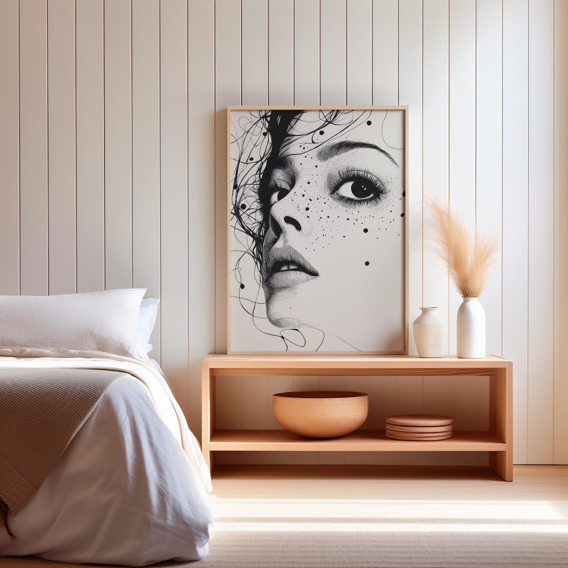 Freckled Woman Ink Portrait Black White Expressive Line Art Poster - Image 2