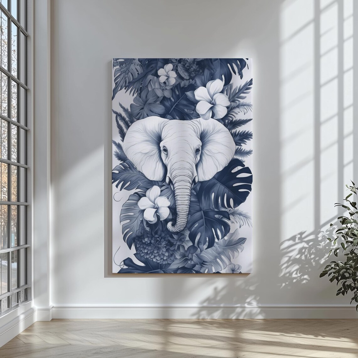 Monochrome Elephant Tropical Leaves Jungle Wildlife Safari Art Poster - Image 2