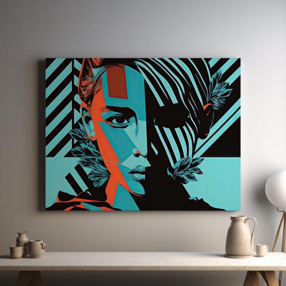 Bold Abstract Portrait Art Modern Geometric Face Striking Blue And Orange Contrast Contemporary Pop Art Wall Decor