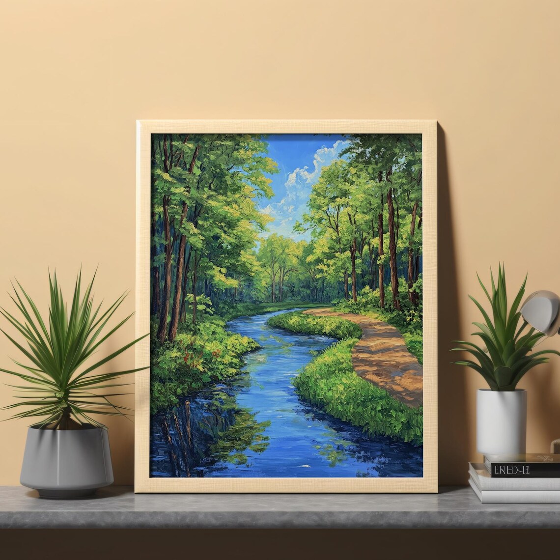 Serene Forest Stream Art Tranquil Nature Path With Lush Green Trees Peaceful Summer Landscape Wall Art Lush Forest - Image 4