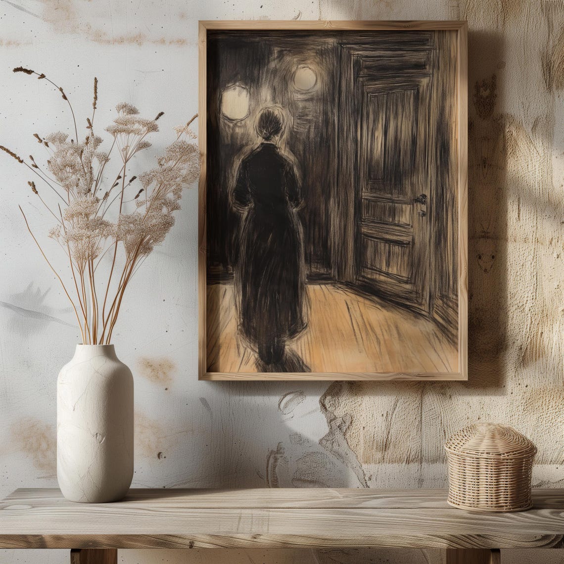 Echoes Of The Doorway Moody Charcoal Sketch Of Woman In A Dimly Lit Room Atmospheric Expressionist Art Dark Interior Illustration - Image 8