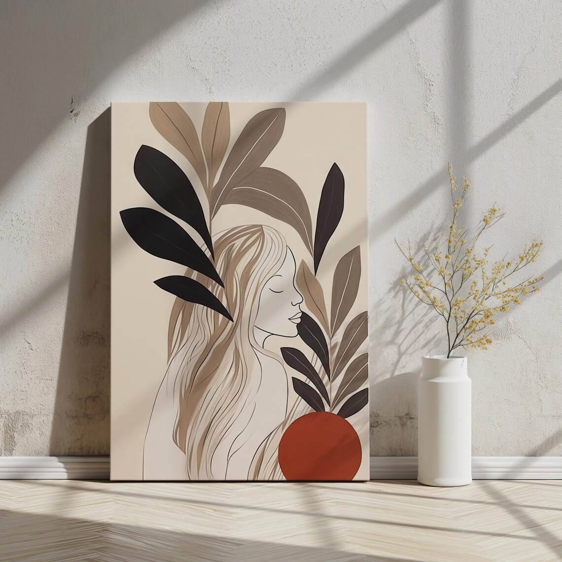 Minimalist Botanical Woman Line Art Earthy Leaves Flowing Hair Poster