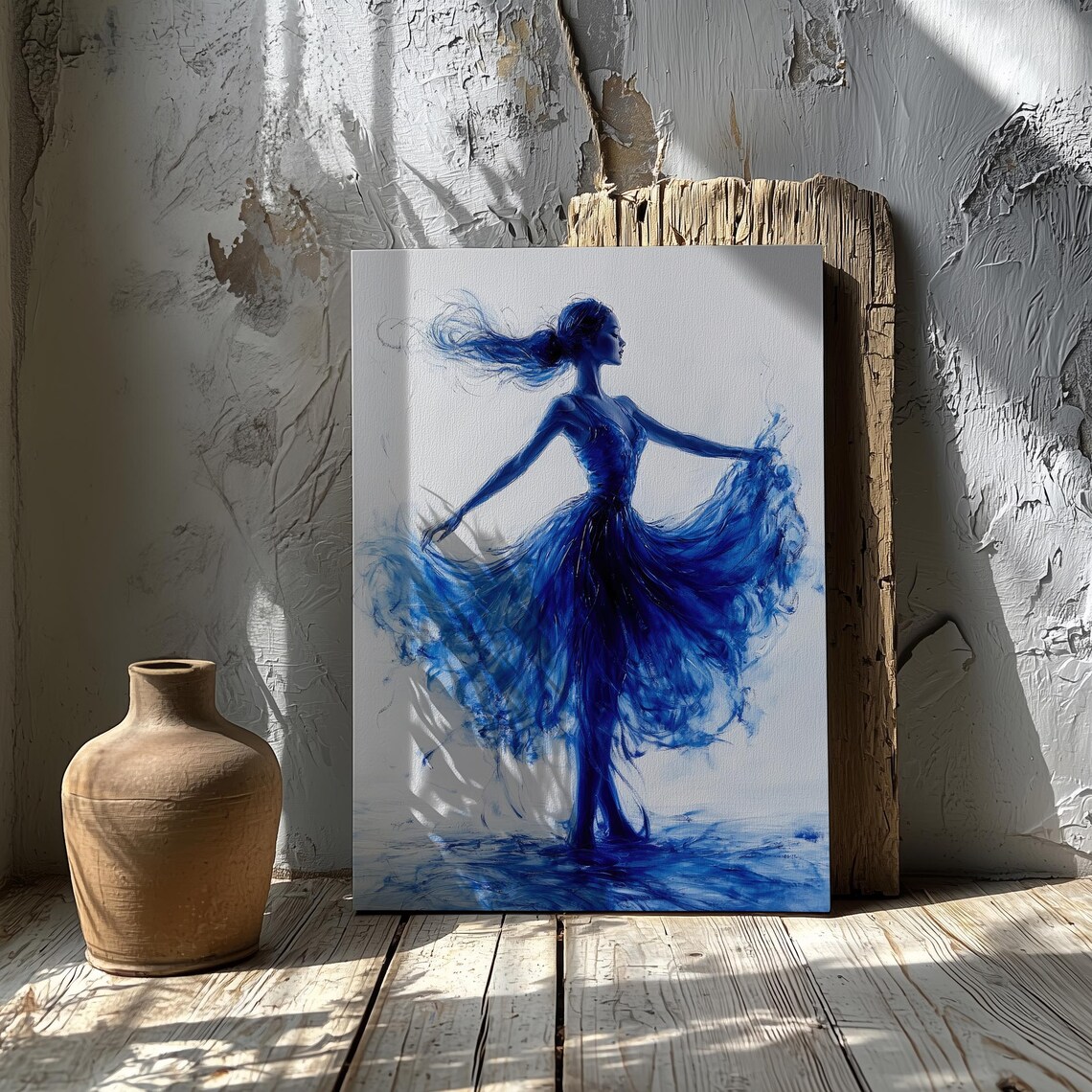 Graceful Dancer Blue Watercolor Flowing Dress Silhouette Elegant Wall Art - Image 3