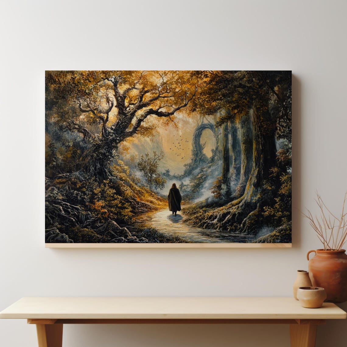 Mystical Forest Wanderer Fantasy Landscape Cloaked Figure Poster