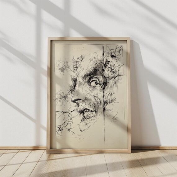 The Crumbling Gaze Surreal Ink Drawing Of Fractured Face Abstract Portrait Art Monochrome Line Art Nature Inspired Wall Decor Ai Art