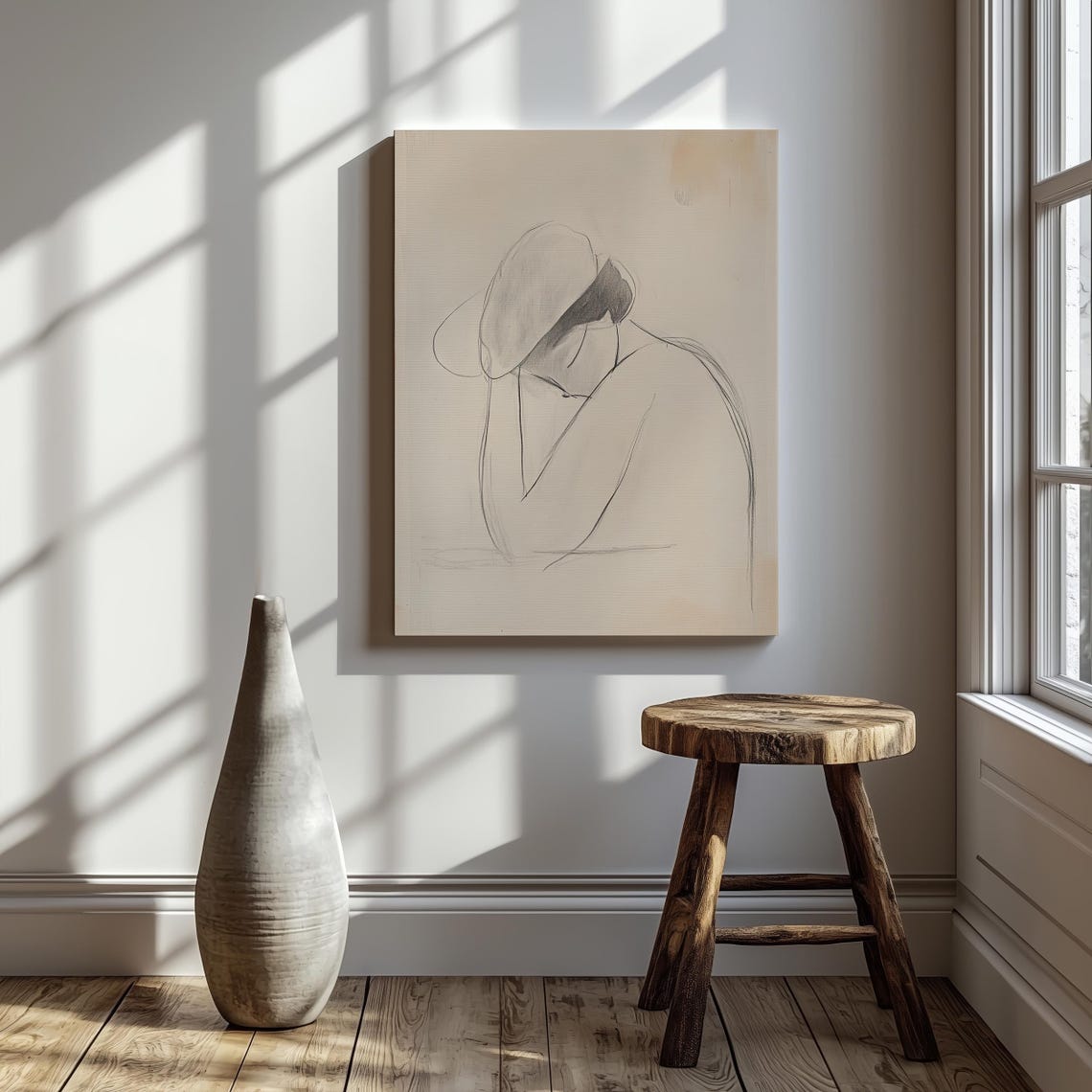 Contemplative Figure Minimalist Charcoal Sketch Line Art Poster - Image 2