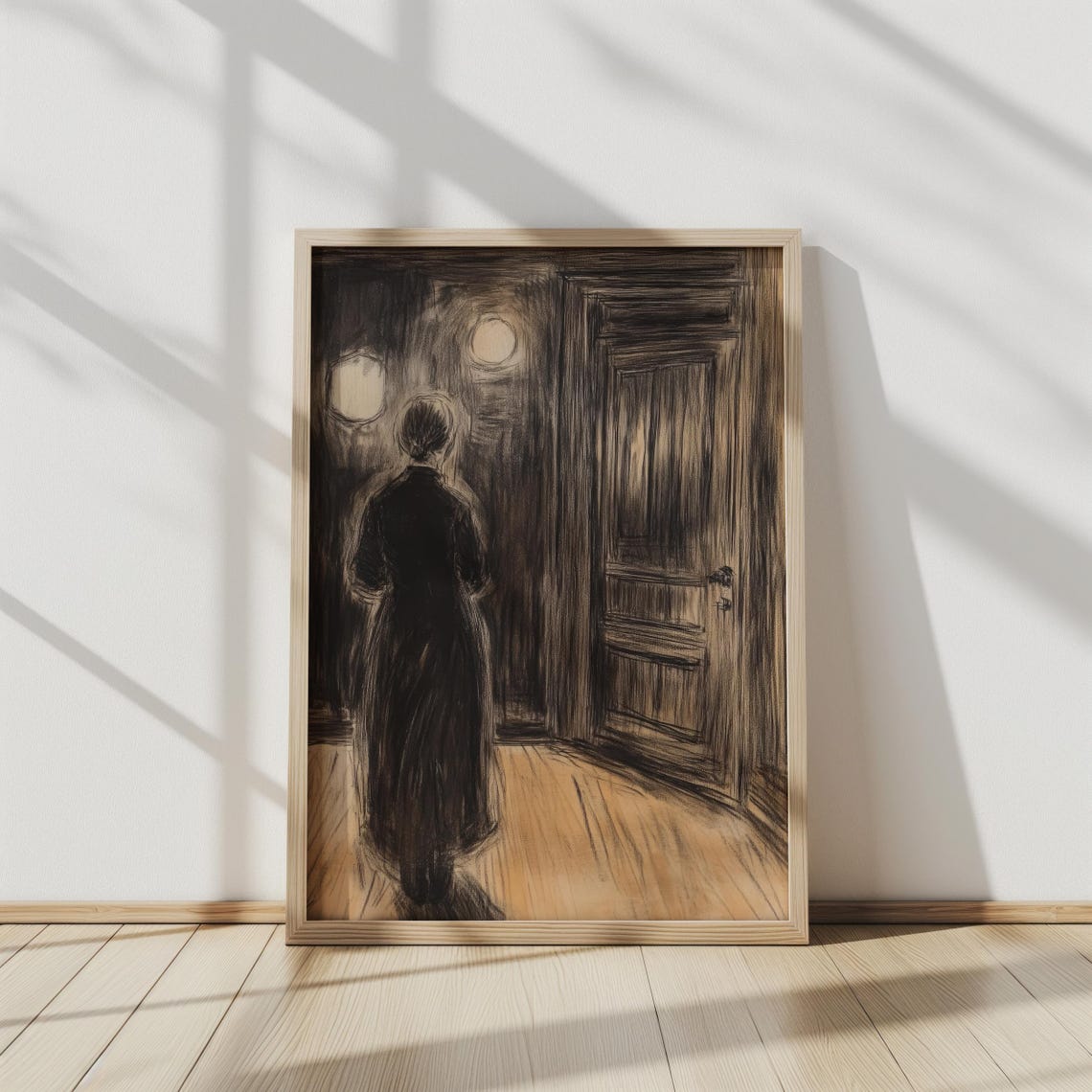 Echoes Of The Doorway Moody Charcoal Sketch Of Woman In A Dimly Lit Room Atmospheric Expressionist Art Dark Interior Illustration
