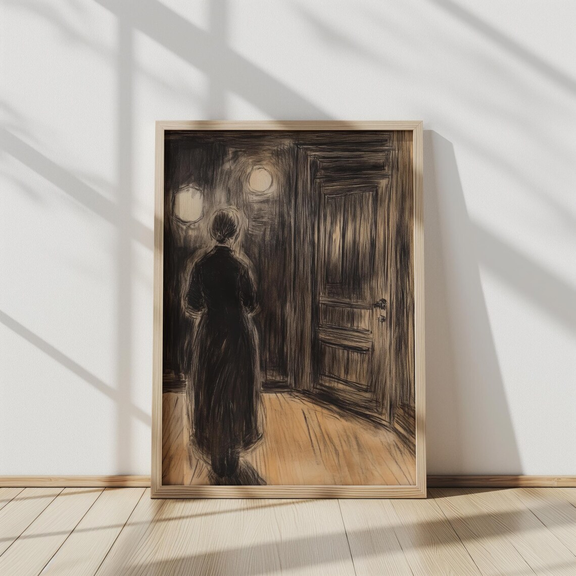 Moody Charcoal Sketch Woman In Dimly Lit Room Dark Interior Wall Art Print