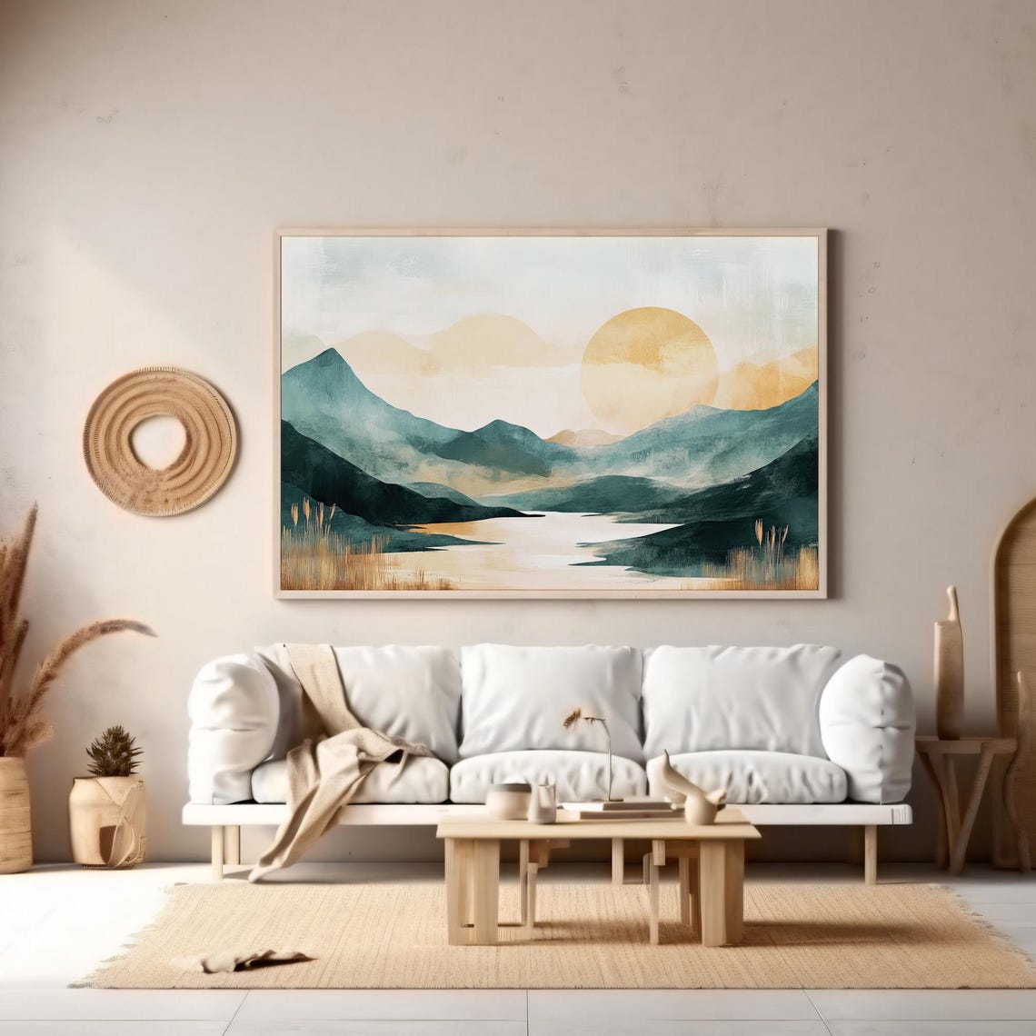 Abstract Mountain Landscape Print Pastel Tones With River And Sun Modern Minimalist Nature Wall Art For Tranquil Decor - Image 6