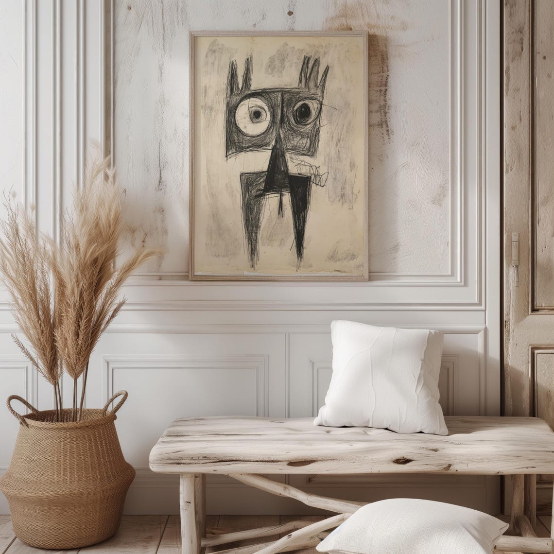 Primitive Cat Sketch Charcoal Big Eyes Abstract Animal Art Poster - Image 2