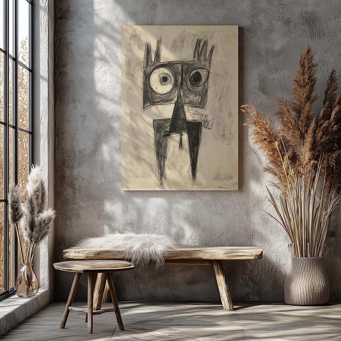 Primitive Cat Sketch Charcoal Big Eyes Abstract Animal Art Poster - Image 7