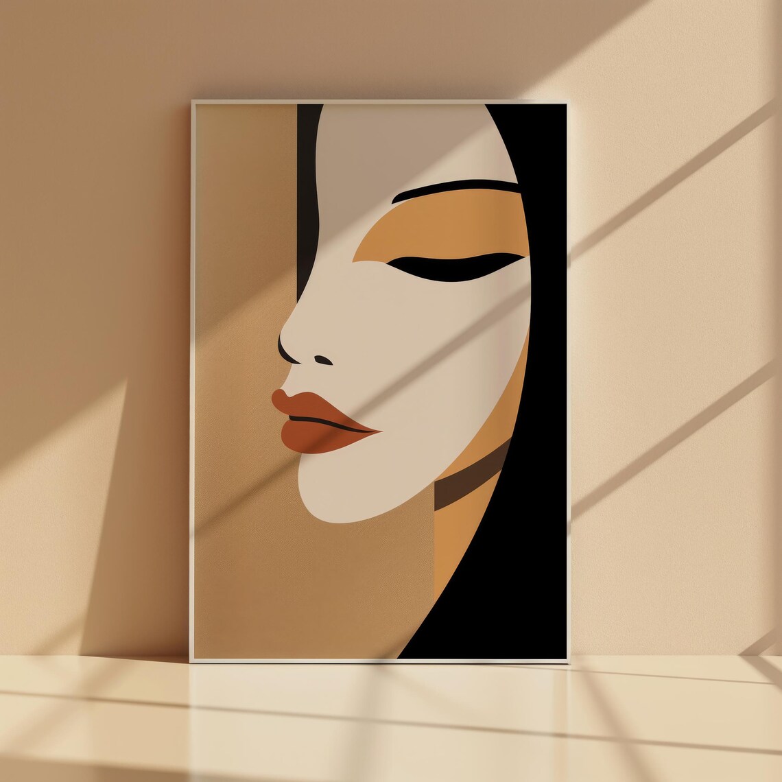 Minimalist Woman Profile Portrait Cream Black Gold Closed Eyes Art Print - Image 3