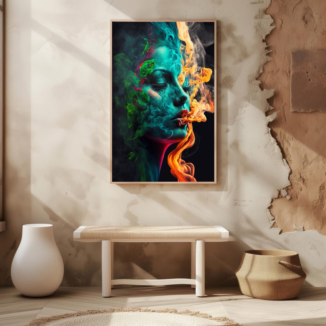 Ethereal Woman Smoke Portrait Teal Orange Mist Psychedelic Art Poster - Image 6
