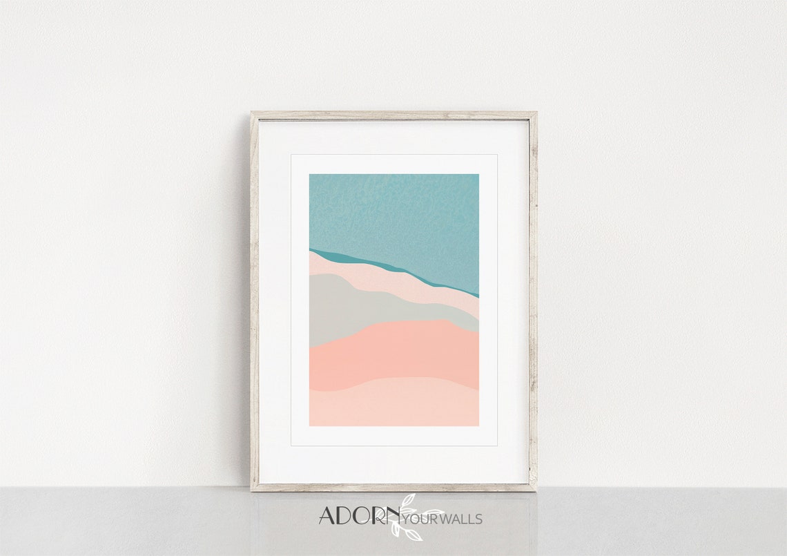 Teal Pink and Gray Abstract Waves Minimalist Coastal Beach Wall Art