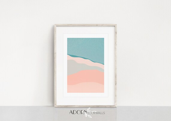 Teal Pink and Gray Abstract Waves Minimalist Coastal Beach Wall Art