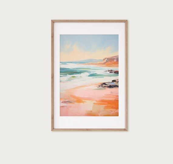 Orange Coastline Waves Rocky Cliffs Abstract Seascape Painting Poster
