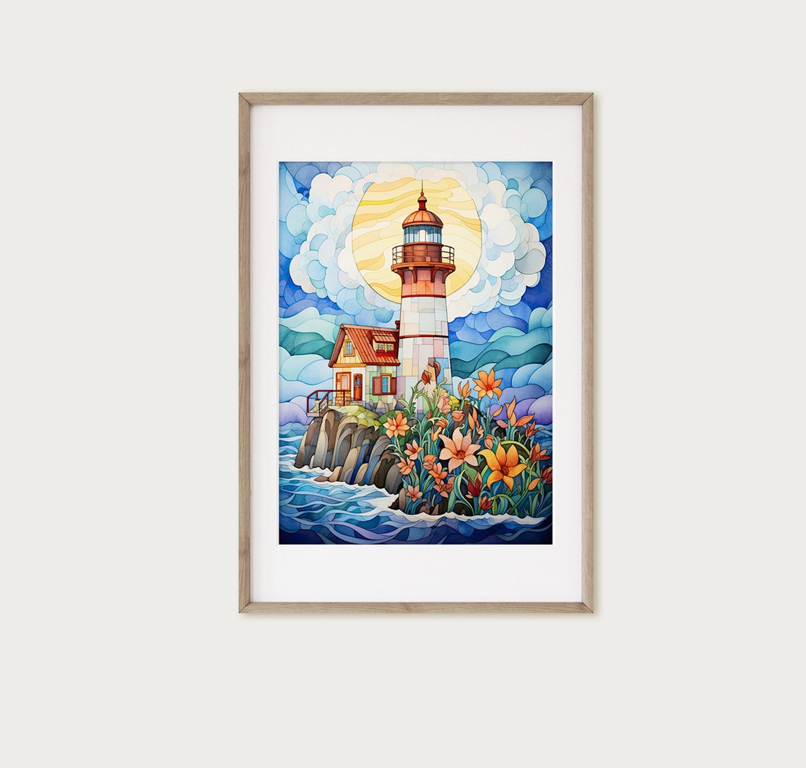 Lighthouse Island Flowers Stained Glass Style Sunset Art Poster