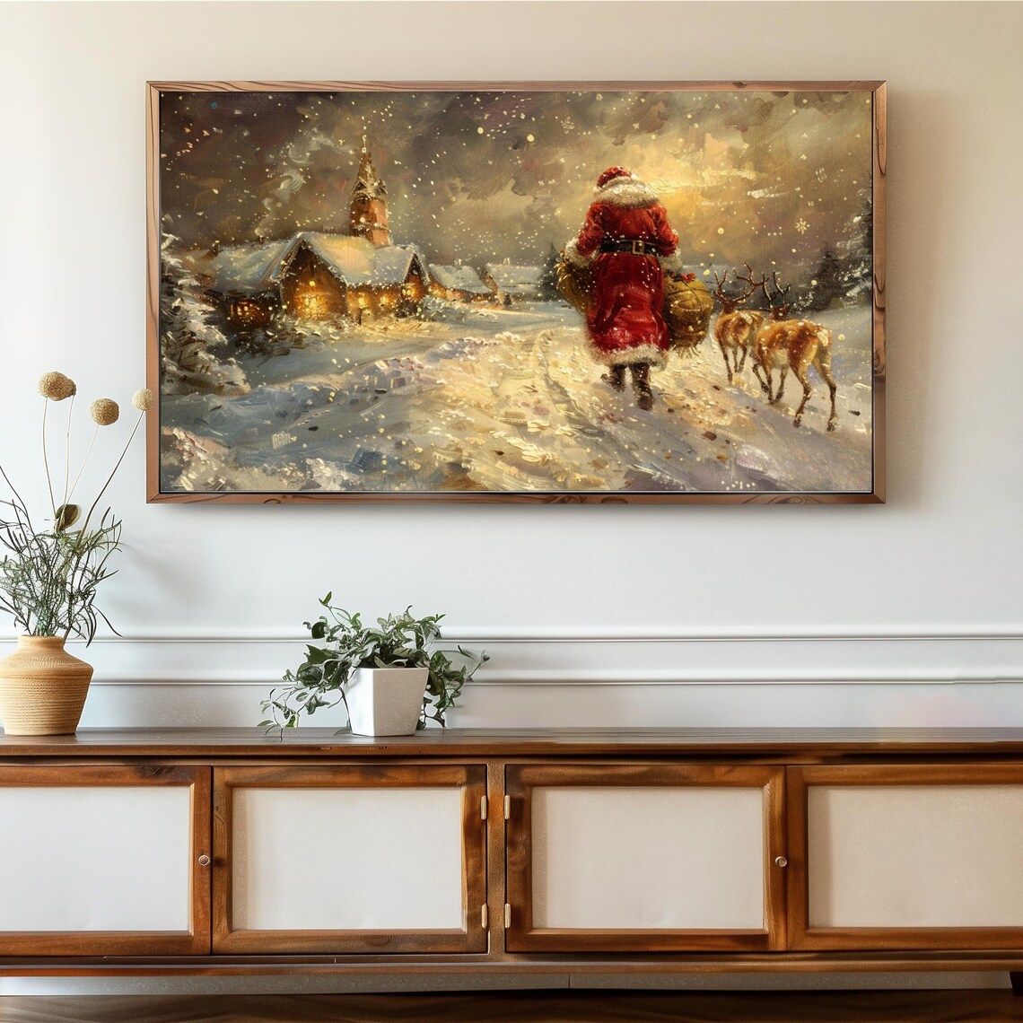 Santa Claus Reindeer Snowy Village Vintage Christmas Holiday Wall Art