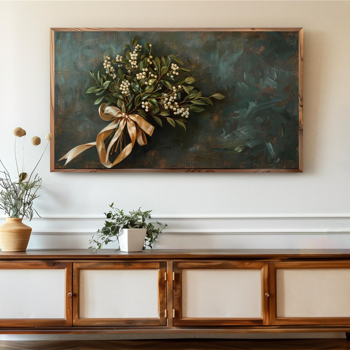 Mistletoe Bouquet White Berries Gold Ribbon Dark Holiday Art Poster