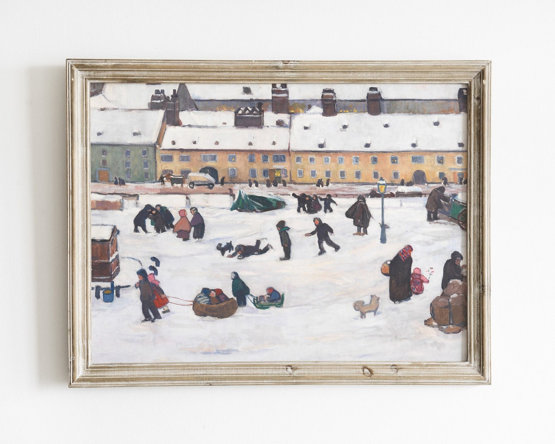 Vintage Christmas Art Print Antique Holiday Wall Art Sledding Print Festive Holiday Art Print Winter Village Painting Snowy Painting