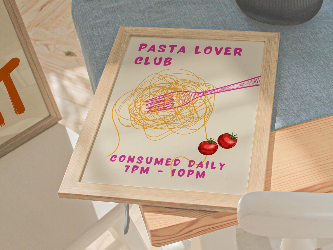 Pasta Lover Club Pink Spaghetti Fork Retro Kitchen Food Poster - Image 3