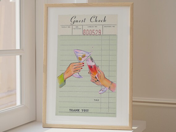 Guest Check Print Green Trendy Kitchen Wall Art Cheers Modern Dining Room Poster Retro Birthday Gift