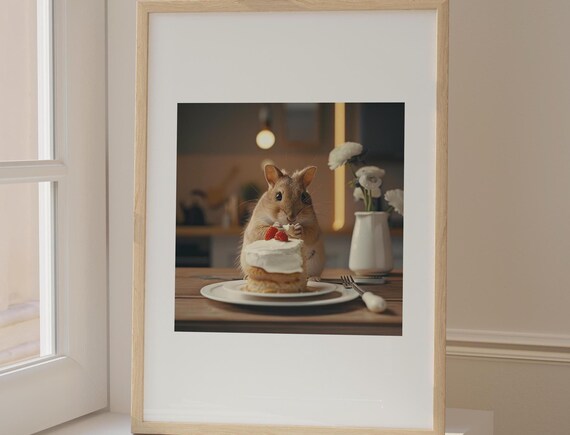 Cute Hamster About To Eat Tiny Strawberry Cake Kitchen Scene Poster
