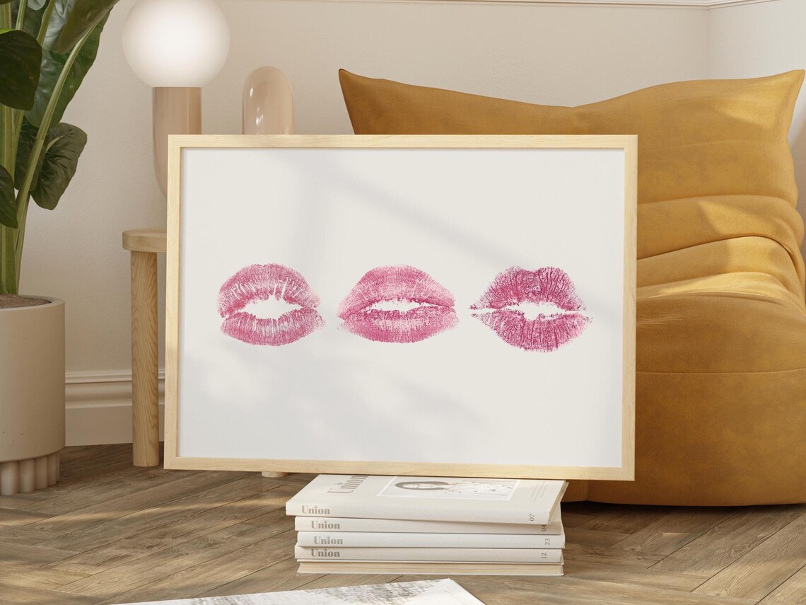 Magenta Lipstick Kiss Trio Bold Feminine Vanity Makeup Art Poster