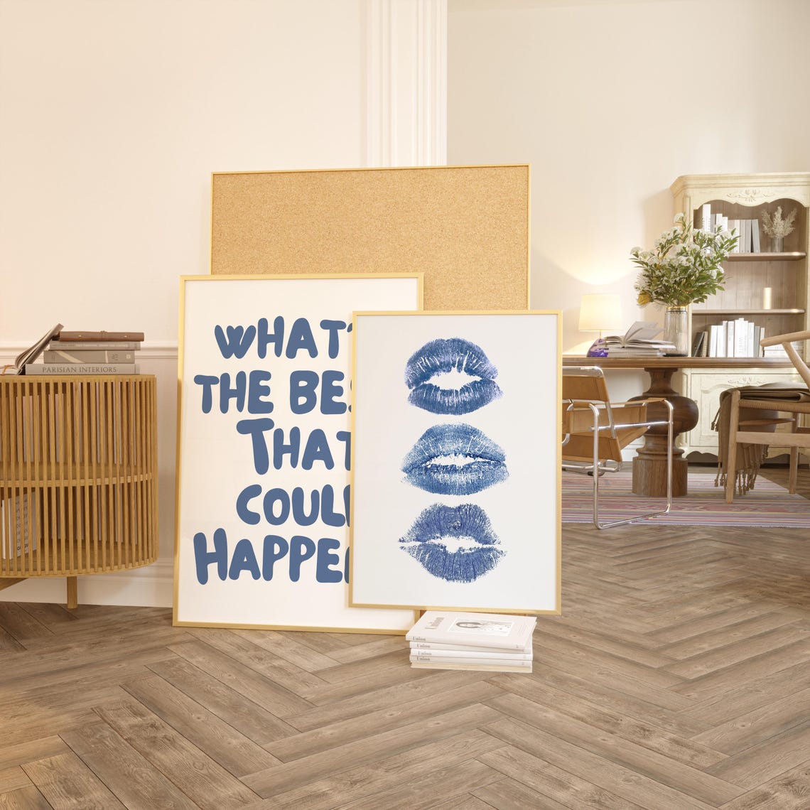 Set Of Two Navy Blue Kiss Marks Trendy Quote Dorm Room Wall Art