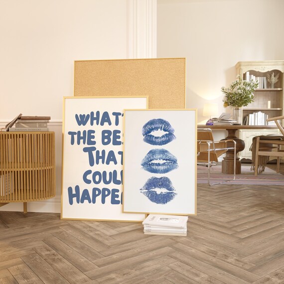 Set Of Two Navy Blue Kiss Marks Trendy Quote Dorm Room Wall Art