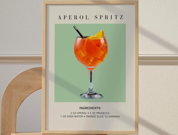 Aperol Spritz Art Print Bar Cart Decor Cocktail Poster Party Signature Drink Sign Trendy Wall Minimalist Elegant Sophisticated Retro Green