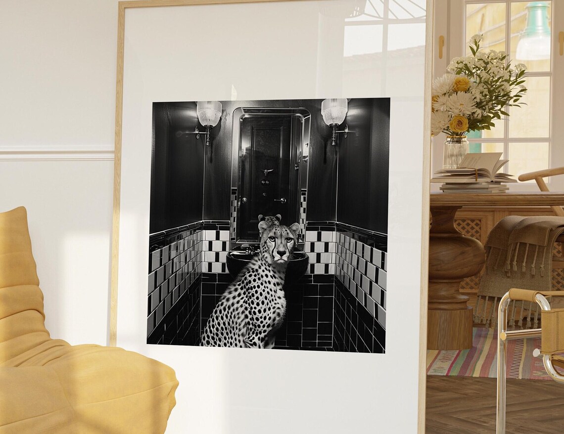 Chic Cheetah Sitting In Black And White Bathroom Funny Photo Poster